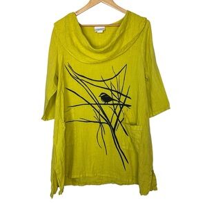Marushka Yellow 100% Linen Cowl Neck Tunic Size Medium Relaxed Fit Bird Print